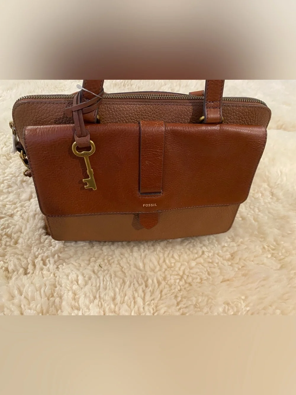 Fossil  Kinley Leather Large Satchel  Brown with Key Charm